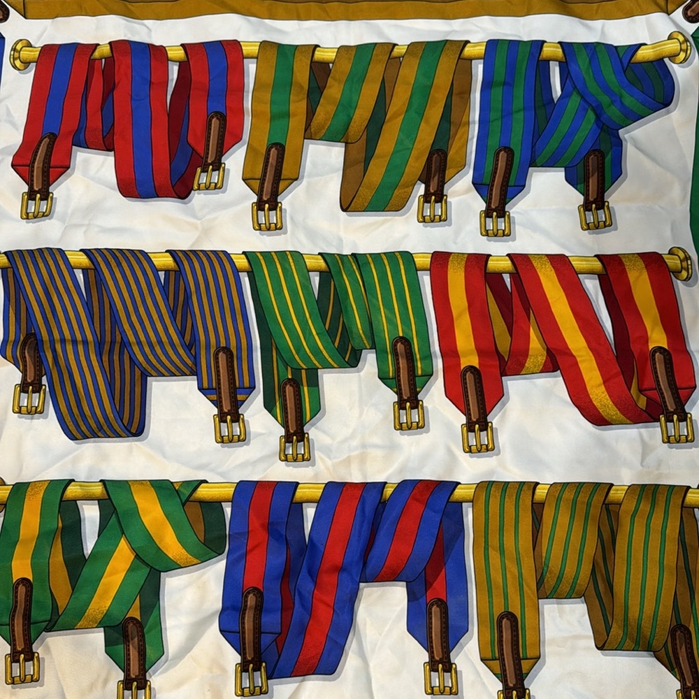 Hermes Multicolor Silk Scarf with Navy, Green, Gold and Red Accents - Picture 7 of 12